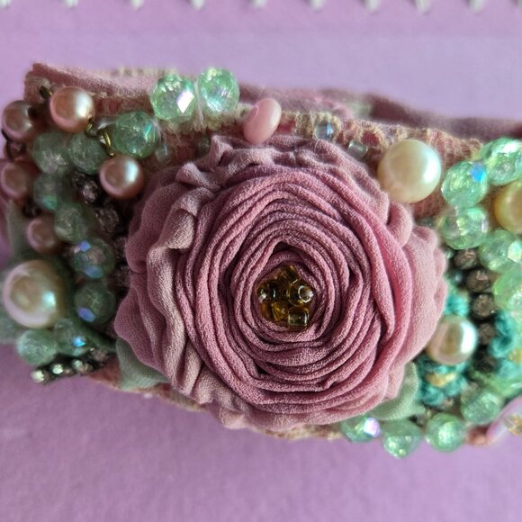 Handmade Romantic Pale Pink Rose and Embroidered Cuff Bracelet - Picture 2 of 7
